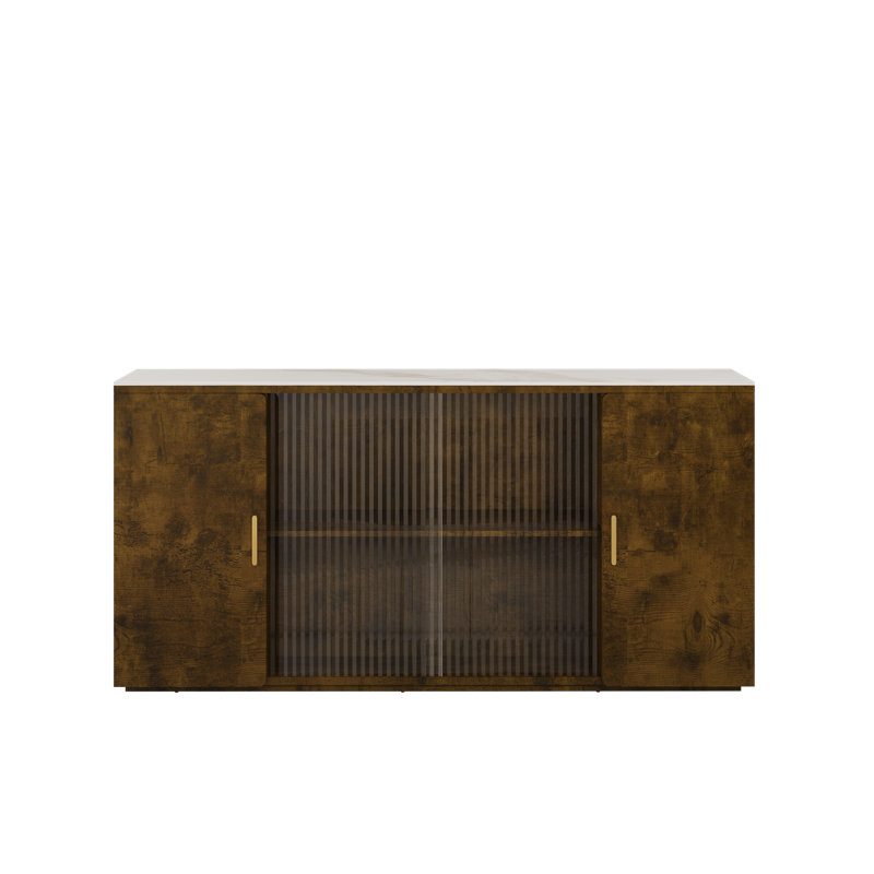 Élégant buffet en bois brun noir avec portes en verre et plateau en granit