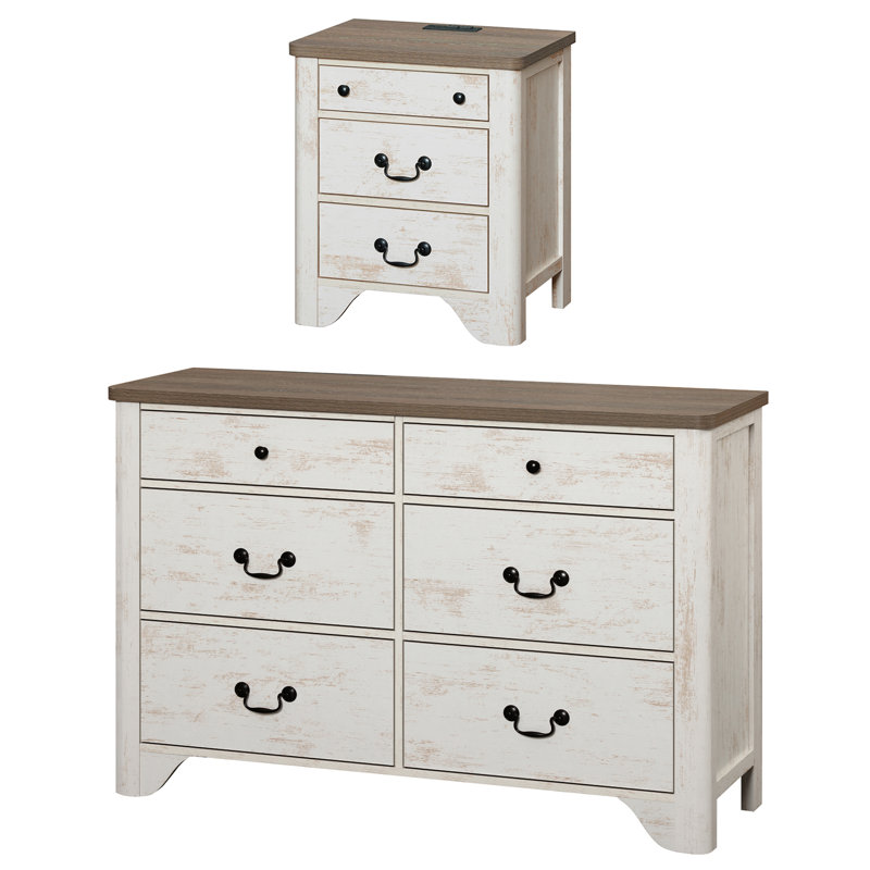 Ensemble de commode et de table de chevet 2 tiroirs 2 pièces Modern Modern, Blanc