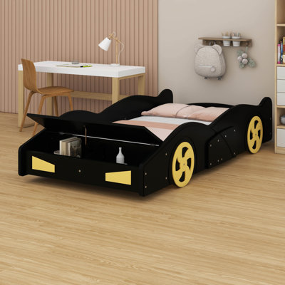 Lit de course en forme de voiture, lit plateforme en bois avec rangement et roues