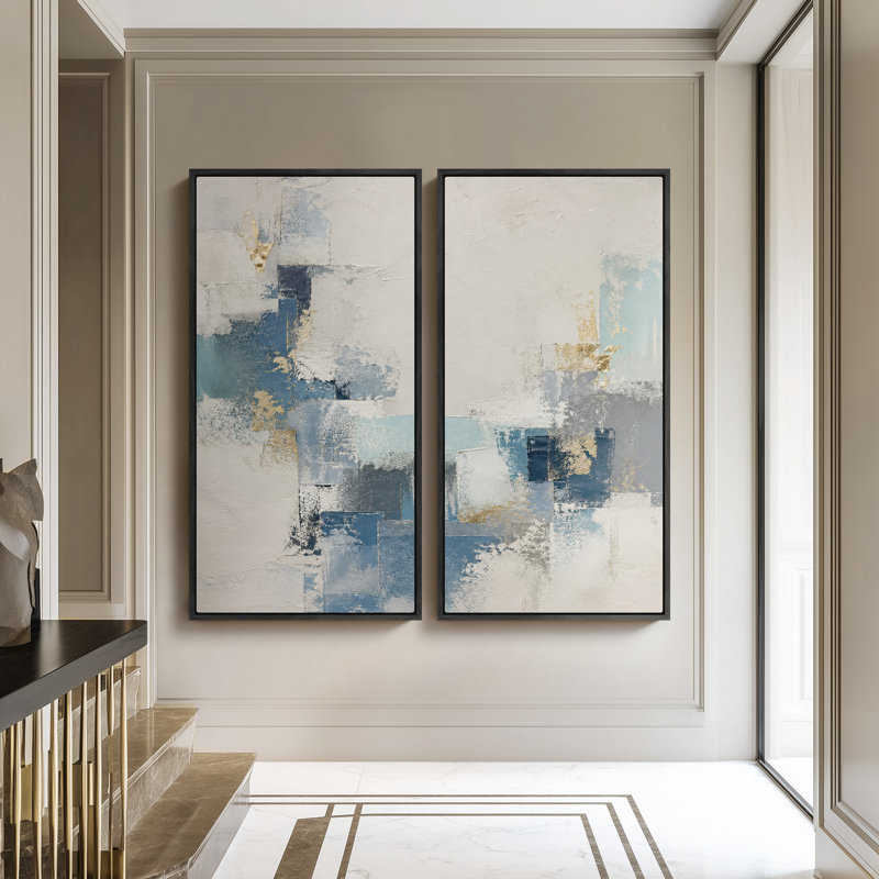 "Blue Gold", art mural abstrait géométrique pour salon - ensemble de 2, reproduction d'art encadrée sur toile 60 po x 20 po x 2 po, 60 po x 30 po x 2 po
