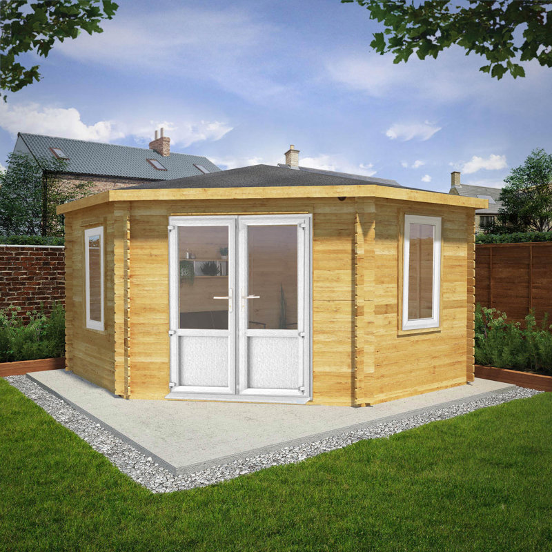 Mercia 13ft x 13ft Corner Cabin With UPVC Windows & Doors (44mm), White/Natural Timber