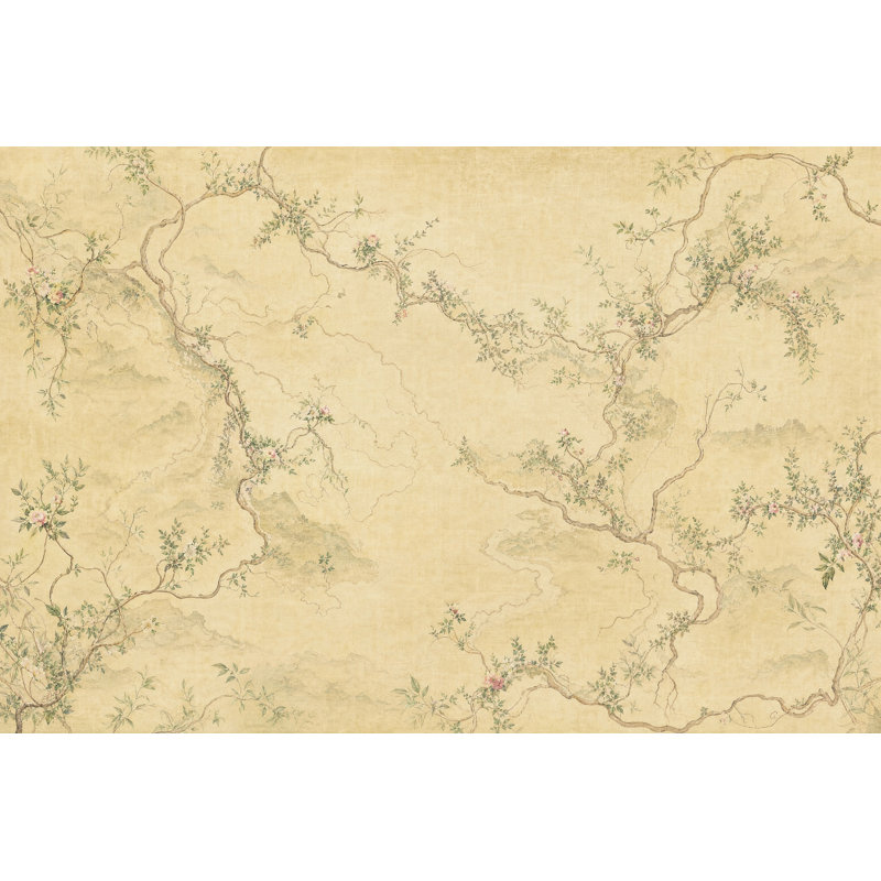 Papier peint amovible chinois "Chinois Blossoms Misty Mountains", 160"x108", Non-Woven Nonpasted