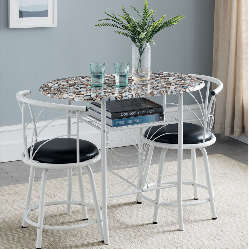 Moronta 3 Piece Dining Table Set with Cobblestone Top - Breakfast Table with 2 Chairs - 2 Seat Dining Table Set for Small Spaces - Round Table Set with Faux Marble Top