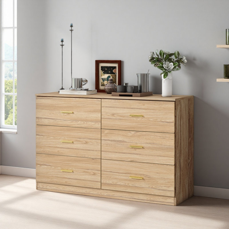 Commode moderne à 6 tiroirs pour la chambre à coucher - Vaste commode de rangement, robuste, Naturel