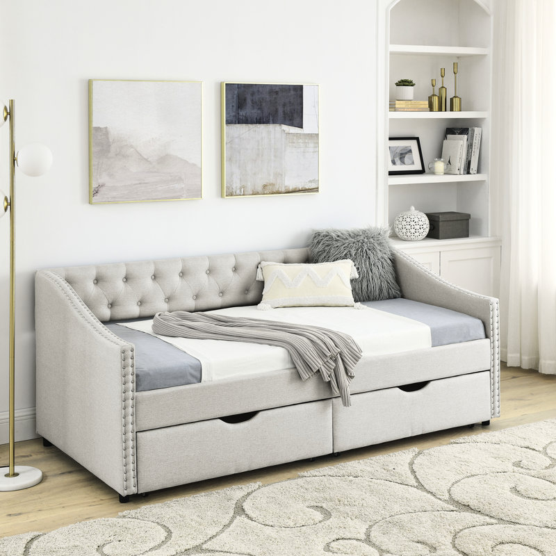 Lit de jour simple tapissier avec tiroirs en beige - Dossier de lit moderne et fonction de rangement pour la chambre à coucher