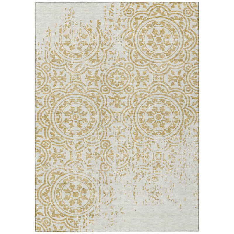 3' X 5' Gold And Ivory Medallion Washable Indoor Outdoor Area Rug