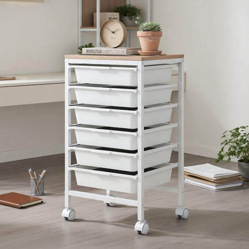  Chariot de rangement roulant à 6 tiroirs avec plateau en bois robuste, organisateur compact pour le bureau, la salle d'artisanat ou le salon, blanc et naturel