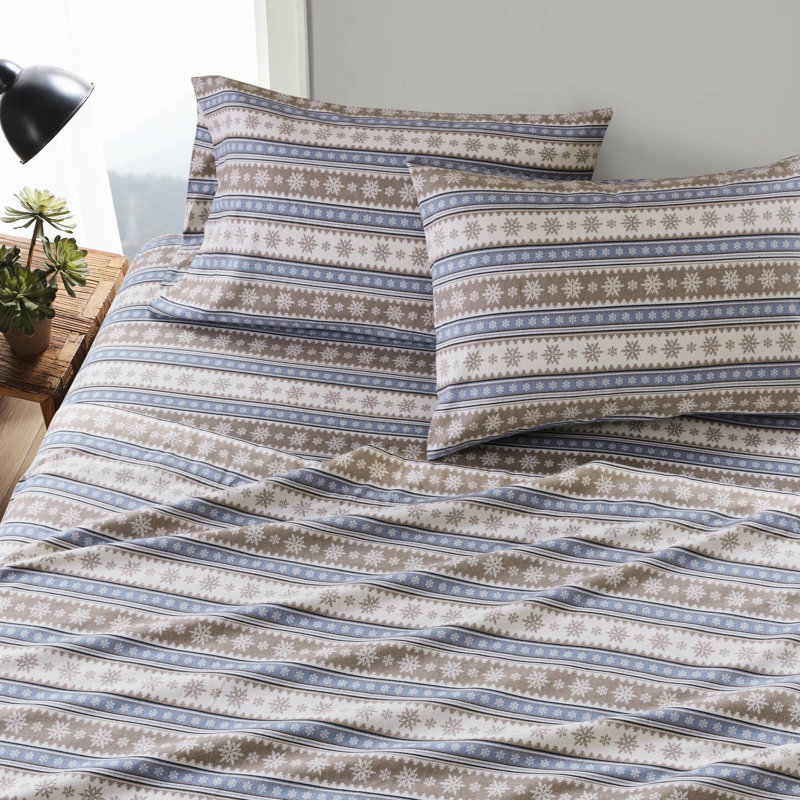 Drap-housse bleu 3 pièces en flanelle de coton 100%, brossé des deux côtés, ajusté entièrement élastiqué, lavable à la machine, avec 1 drap plat et 2 taies d'oreiller