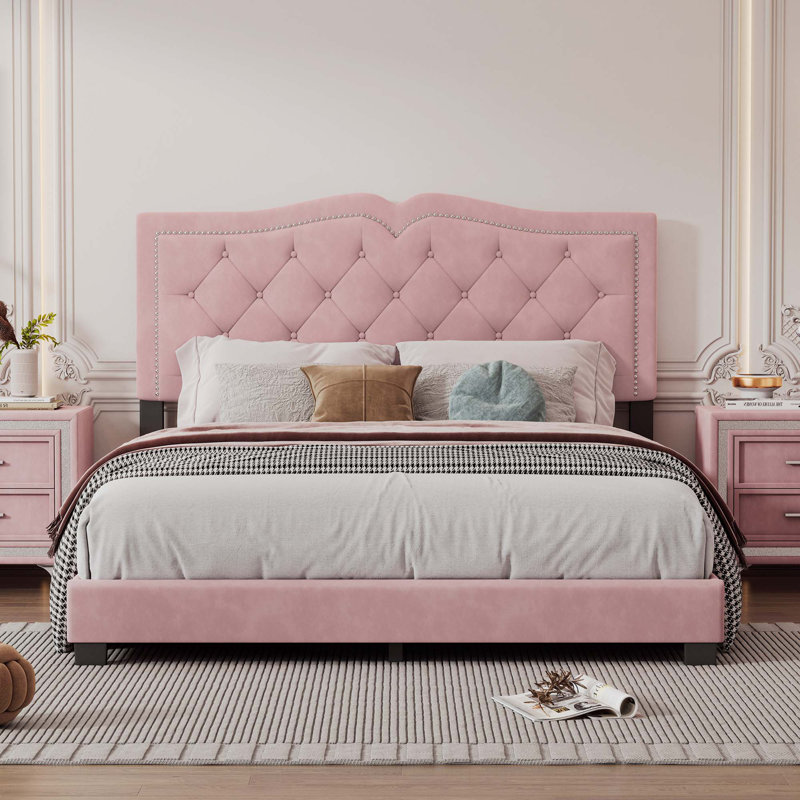 Malefatto Velvet Upholstered Bed with Tufted Headboard & Wooden Frame, Pink, Queen