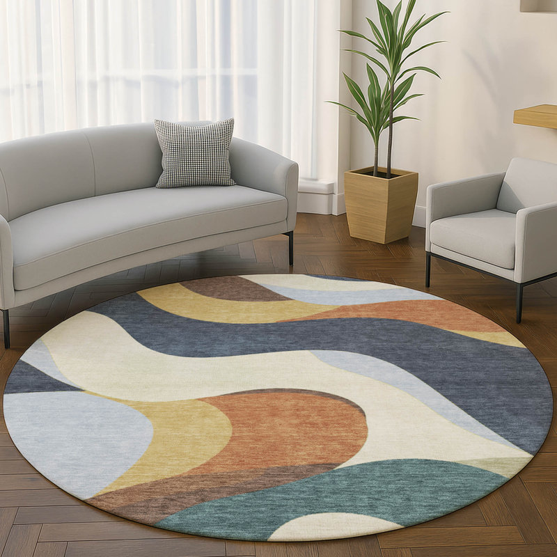 Premium Machine Washable Mayfield AMF2186 swirls Rug, Gold, 8' Round