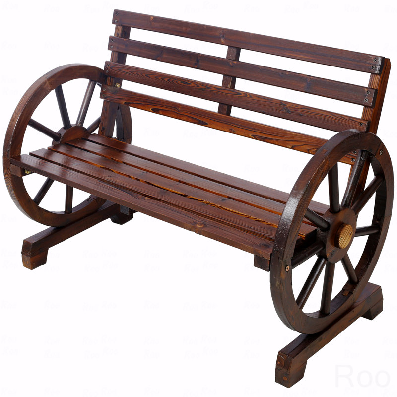 Outdoor Patio Lounge Furniture, Wooden Wagon Wheel Bench For Backyard, Porch, Garden, Rustic Country Design, Slatted Seat And Backrest
