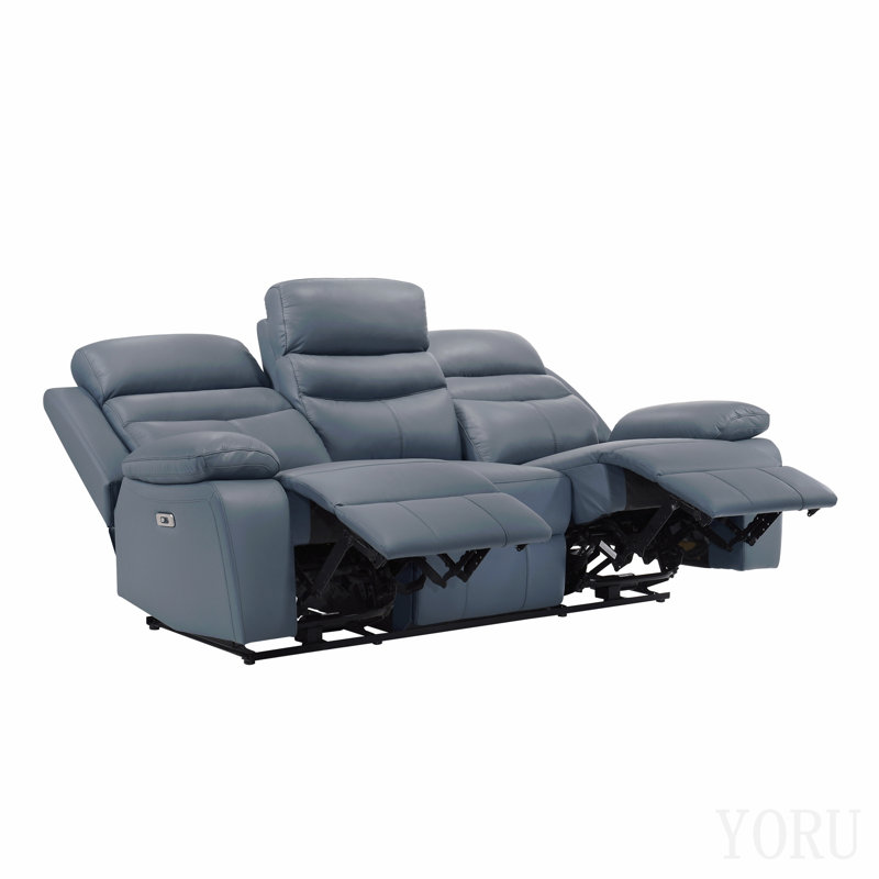 Canapé inclinable électrique moderne en cuir bleu avec ports USB, confort moelleux, 3 places, mobilier de salon (1 pièce)