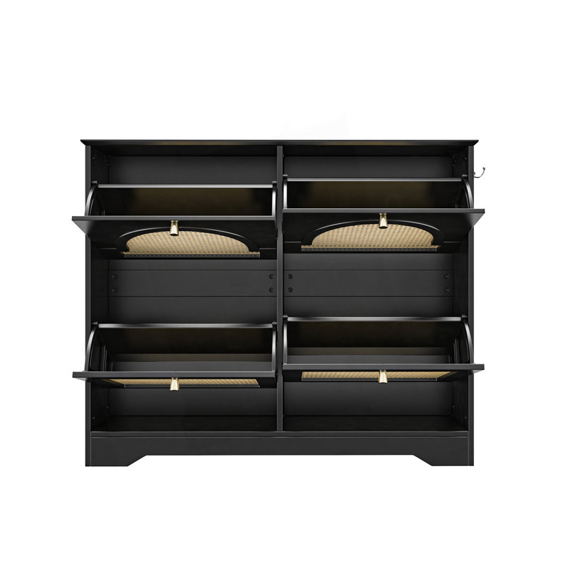 Medieval-Style Narrow Floor-To-Ceiling Shoe Cabinet - 4 Sliding Drawers With Rattan Doors, Featuring 2 Hooks, Black