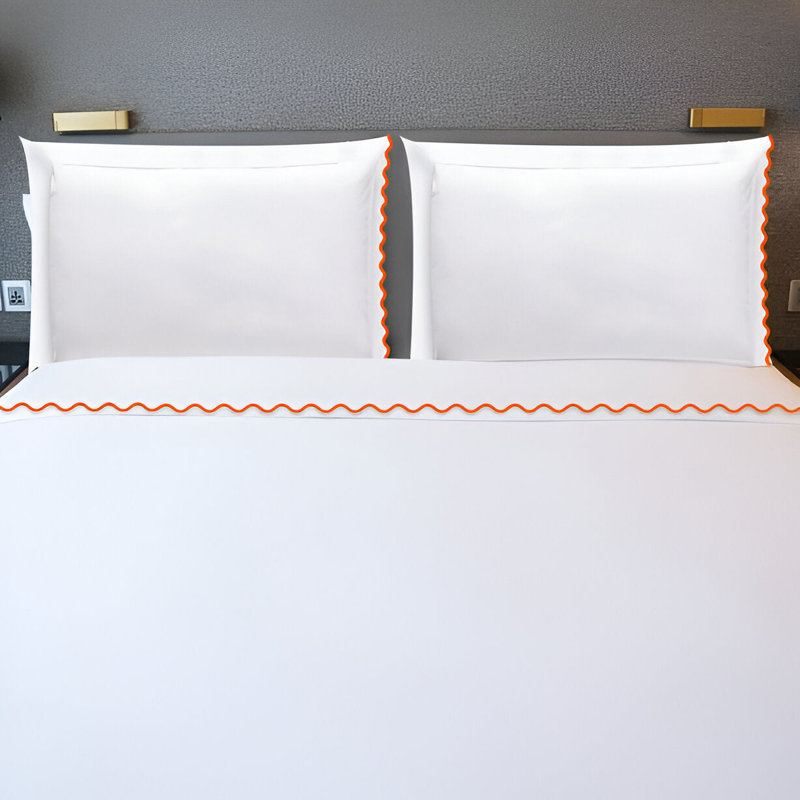 400TC Cotton Small Scallop Embroidery Cotton 4 Piece Sheet Set Fitted Sheet Fits Upto 16" Deep Pocket, Orange