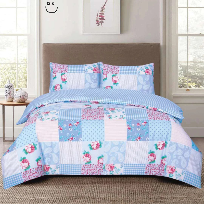Cotton Patchwork Duvet Cover Set, King Duvet Cover Set + 3 Additional Pieces, Blue Patchwork