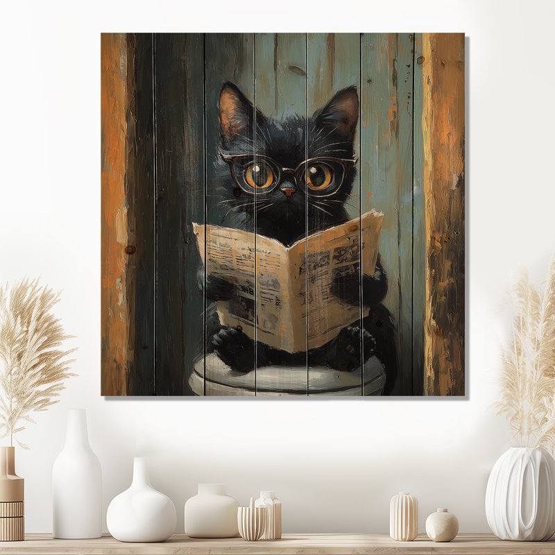 «Cute Cat Ready», journal sur la toilette I - Art mural en bois pour chat - sur bois de pin naturel
