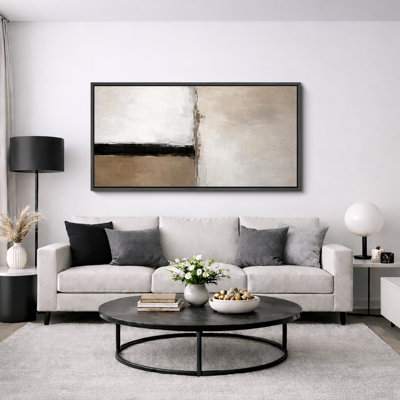 Minimalist Neutral Block Composition, Black Horizontal Accent with Beige and White Geometric Balance, Contemporary Abstract Design, Framed Canvas Giclee Print Wall Art