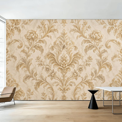 Papier peint adhésif élégant à motifs floraux crème et or, 254 cm (H) x 366 cm (L), en PVC amovible, pour chambre, salon ou bureau.