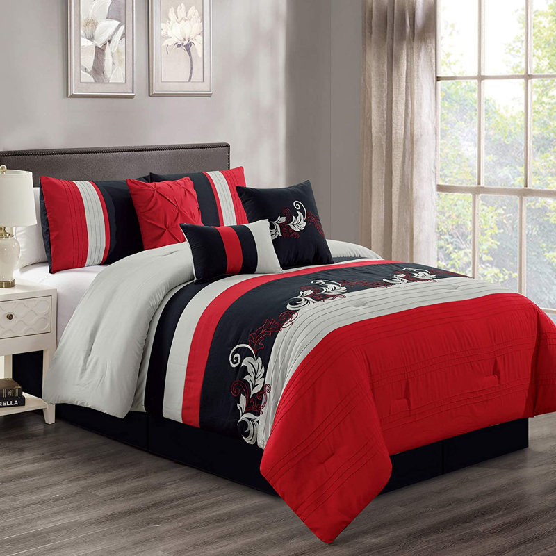 Floral Embroidered Microfiber 7 Piece Comforter Set, Full Comforter + 6 Additional Pieces, Purple/Gray/Black