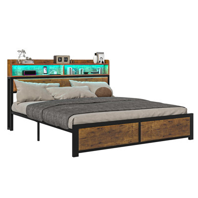 Kingsize Bed Frame with LED Headboard, Metal Platform Bed Frame with USB Ports&Charging Outlets, 2 Tiers Storage Shelves