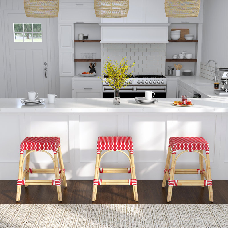 Tabouret de comptoir / de bar Lennart, Cadre rouge / blanc à pois / rotin naturel