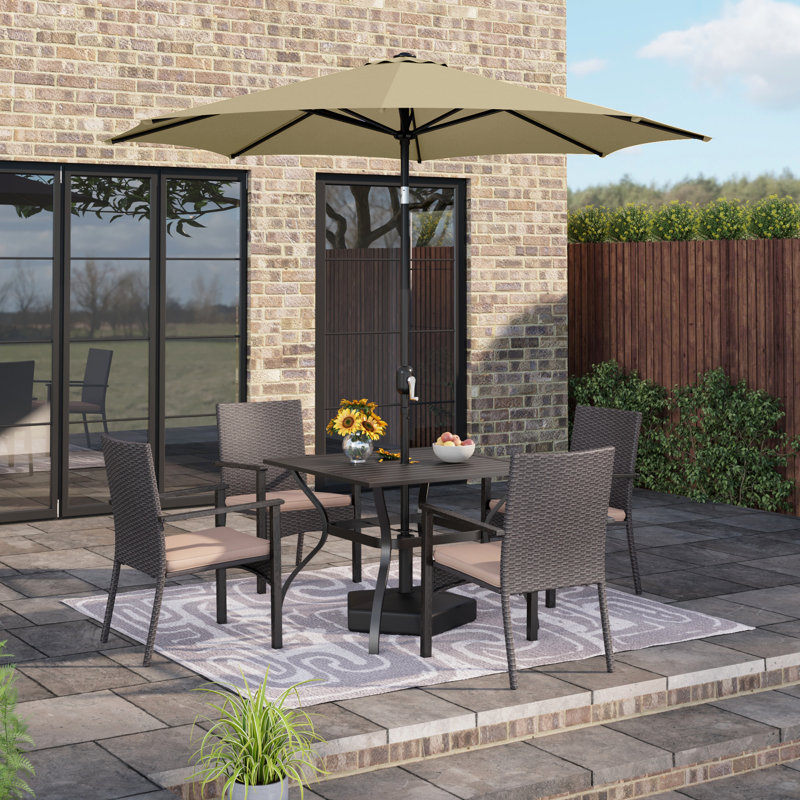 6 Pcs Patio Dining Set 4  Armchairs And Square Table With Umbrella, Beige