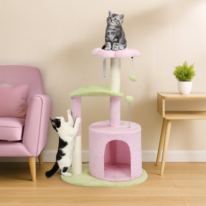 Tour pour chat 33 "à niveaux multiples rose avec perchoir courbé, Rose / Vert