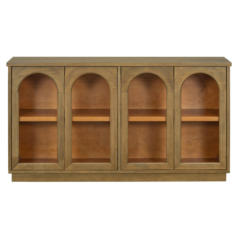 Grand buffet de rangement à 4 portes avec portes en verre, Bois de pin vieilli