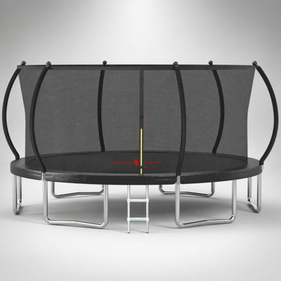 Trampoline noir standard de 16 pi avec stabilité et sécurité accrues, parfait pour s'amuser en famille et faire de l'exercice.