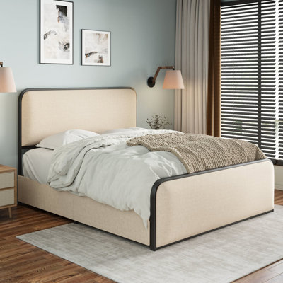 Grand lit avec esthétique moderne et revêtement beige, 4 tiroirs pour le rangement, esthétique entièrement en métal, tissu sous les tiroirs,