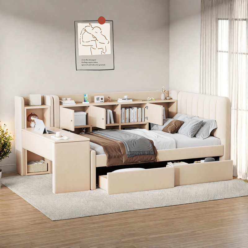 Upholstered Daybed With 2 Drawers, Storage Shelves, Flip Cabinets & Side Table, Vertical Striped Design, Beige