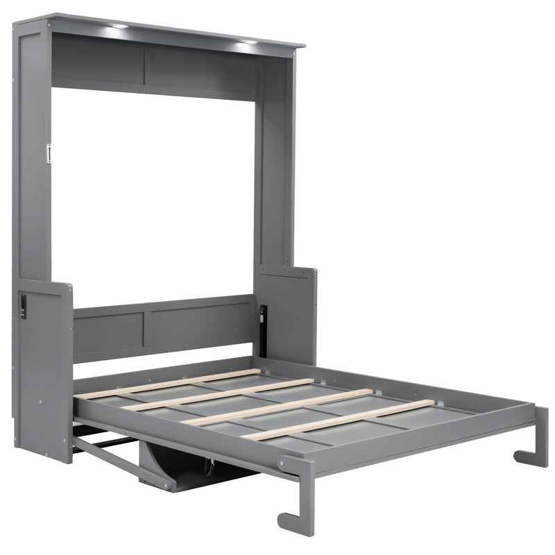 Grand lit gris avec bureau intégré, lumières à DEL, station de charge, conception moderne pour petits espaces, finition de support à lattes de bois, lumières et charge, espaces d'étude peu encombrants, construction,