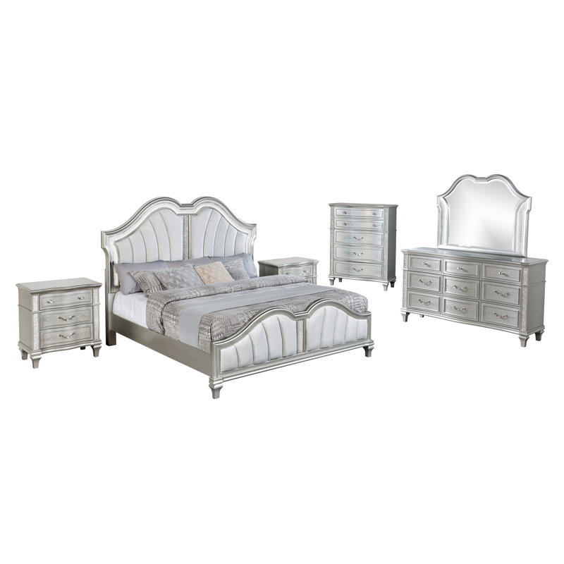 Ensemble de chambre à coucher argenté avec lumières DEL et tête de lit tapissier, Très grand