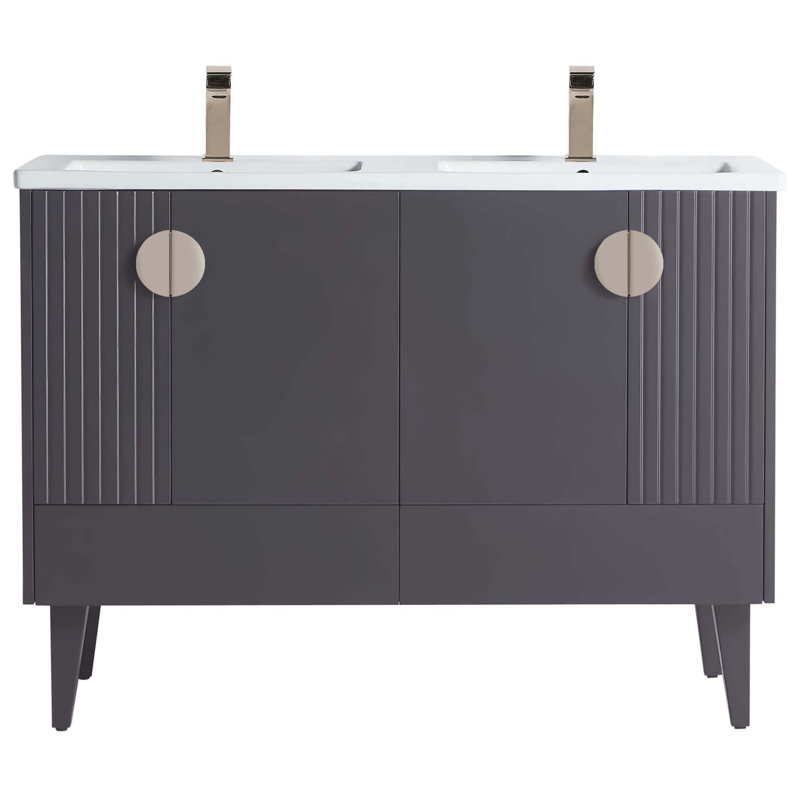 Ensemble de meuble-lavabo double 47 po Saimah, Gris roche, Nickel satiné