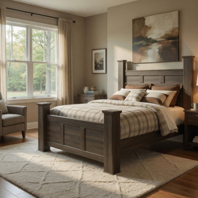 Joi Queen Size Poster Bed, Plank Design, Aged Oak Brown Rough Sawn