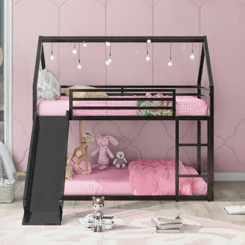 Lit superposé simple au-dessus de simple pour enfants - noir, échelle et toboggan, lit amusant peu encombrant, Noir