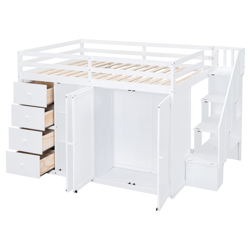 White Full Size Loft Bed Featuring Three-Tiered Compartments And Open Wardrobe, Customizable Bedroom Furniture Wood Of Size, With Storage Staircase Compartments, Multifunctional