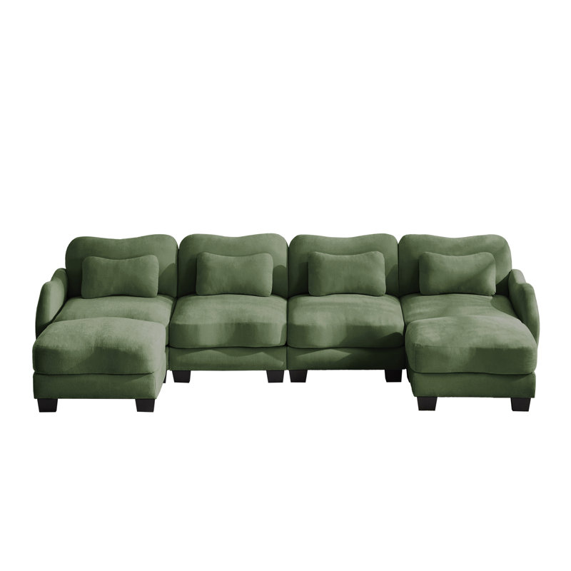 Canapé d'angle en chenille de 334 cm (131,5 po) en forme de U avec 2 poufs et 4 coussins lombaires, couleur sauge olive