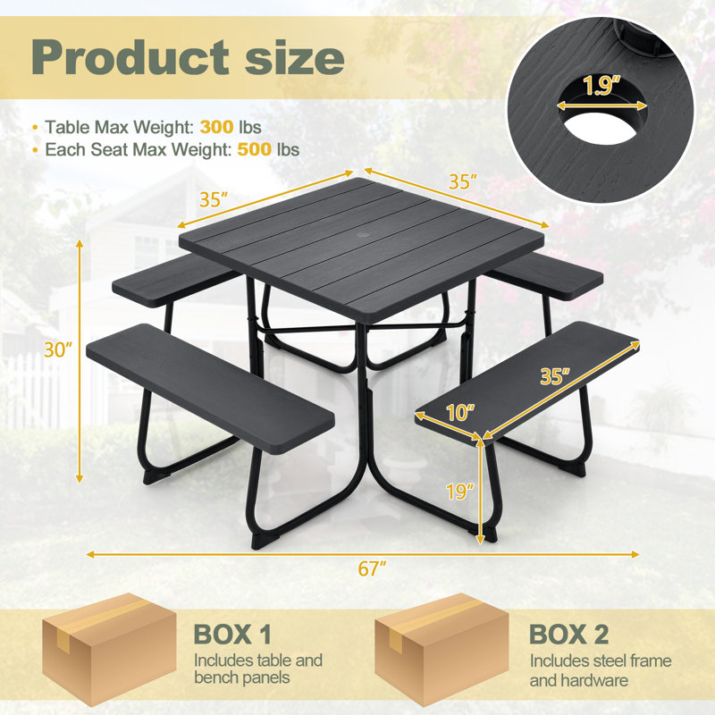 HDPE Picnic Table Bench Set With Umbrella Hole For 6-8, Black