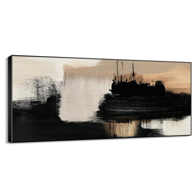 Abstrait noir et beige, coup de pinceau moderne, chambre à coucher rustique, grand encadré, impression d'art mural (assemblage requis)
