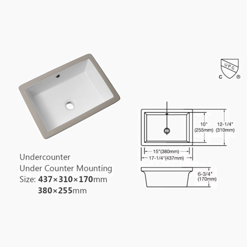 Hewei 12'' White Ceramic Rectangular Bathroom Sink with Overflow