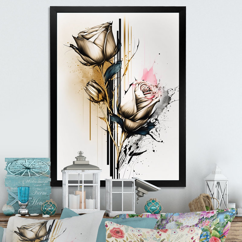 «Roses Flow Flower on Golden Beige IV», impression sur toile, H 20 po x l 12 po x P 1 po, Impression noire sur toile encadrée