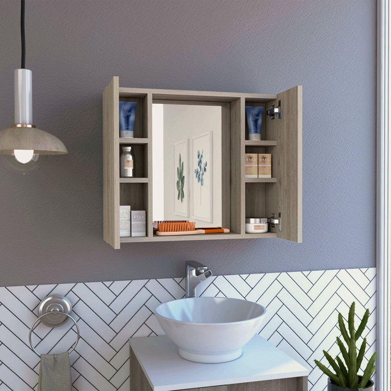 Pharmacie, double porte, miroir, une tablette extérieure, Gris