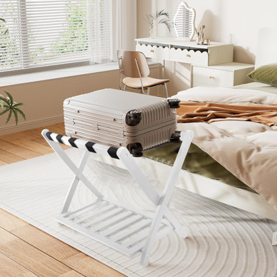 Porte-bagage pliant en bois pour chambre à coucher / hôtel - Emballage facile, 5 sangles robustes, tablette de rangement (blanc)