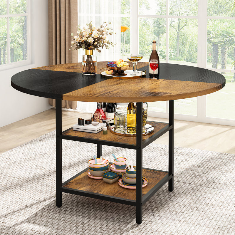 Manresa Round Dining Table for 4-6, Round Dining Table with Storage, Dark Brown Wood/Black