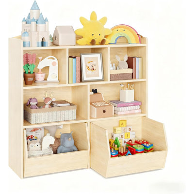 Rangement pour jouets avec 5 casiers et 2 tiroirs mobiles, bibliothèque pour enfants avec roues cachées