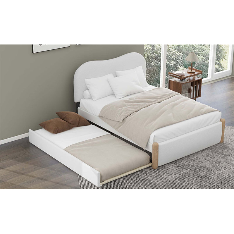 Lit plateforme double rembourré pleine grandeur avec pieds de support en bois et lit gigogne simple, Blanc, Lit double