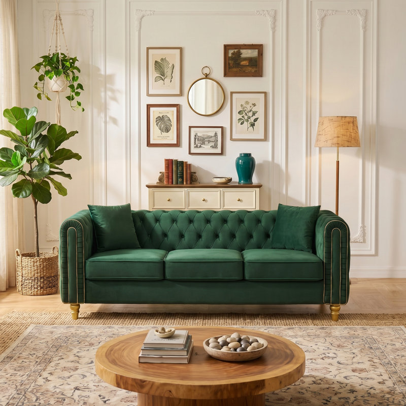 3-Seater Velvet Sofa, Chesterfield Upholstered Couch With Rolled Arms, Gold Trim & Solid Wood Legs, Removable Cushions For Living Room