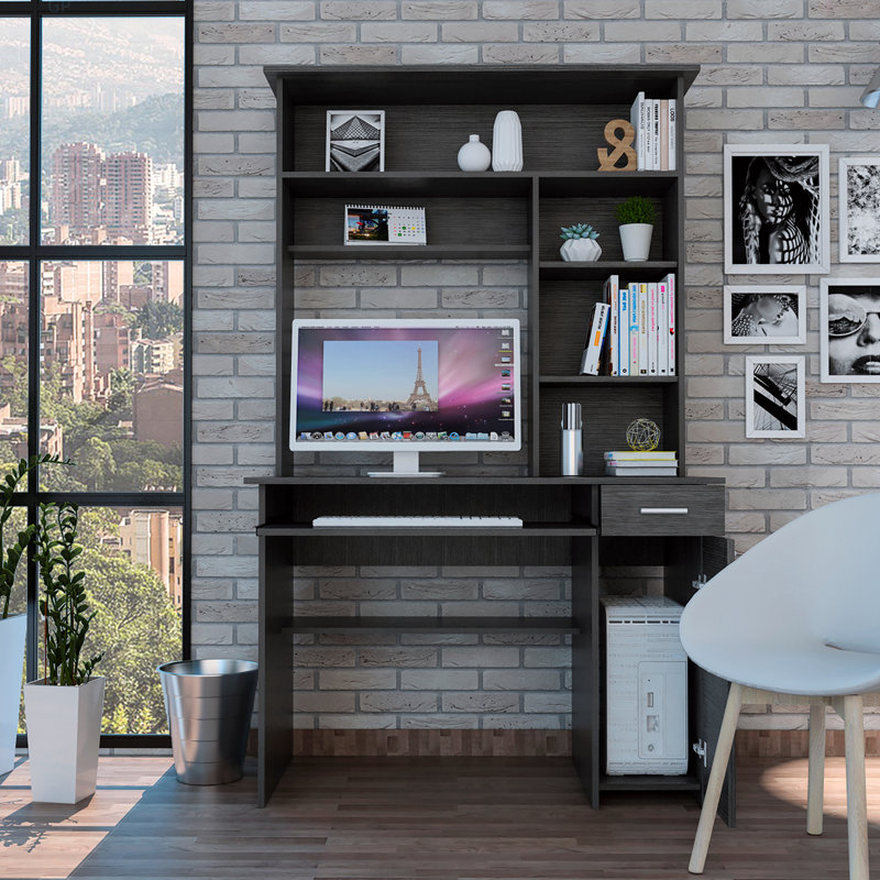 10-Shelf 4-Door 2-Piece Office Set, Bookcase And Desk, Gray