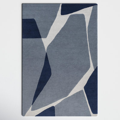 Light Blue Navy Hand-Tufted Abstract Wool Rug